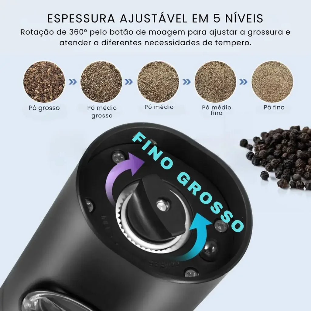 Moedor Elétrico de Sal e Pimenta | Ajuste de Moagem Automático
